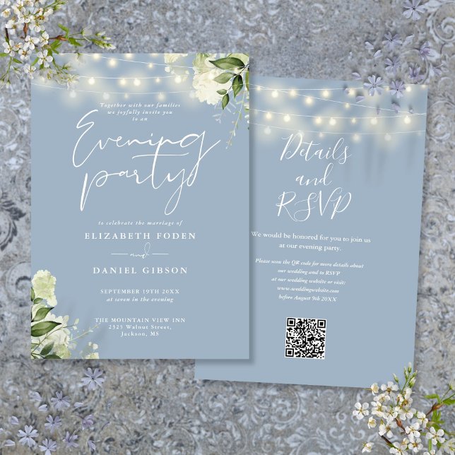 Dusty Blue Greenery QR Code Wedding Evening Party Invitation (Dusty Blue Greenery QR Code Wedding Evening Party Invitation)