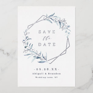 Dusty Blue Greenery Silver Geometric Save the date