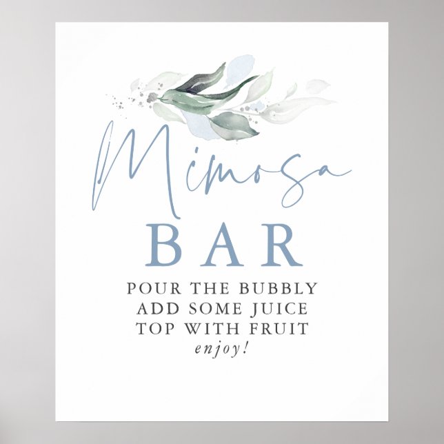 Dusty Blue Greenery Silver Leaves Mimosa Bar Sign (Front)