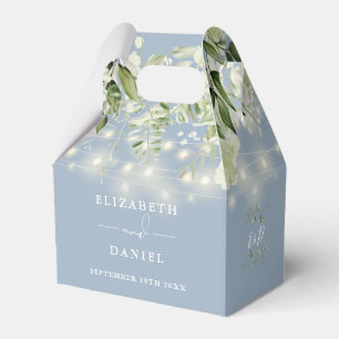 Dusty Blue Greenery String Lights Monogram Wedding Favour Box