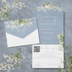 Dusty Blue Greenery String Lights QR Code Wedding All In One Invitation