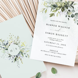 Dusty Blue Greenery Succulent Eucalyptus Wedding Invitation