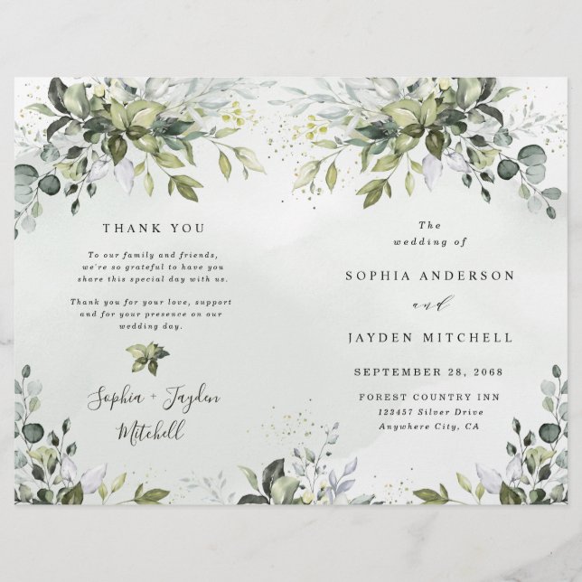 Dusty Blue Greenery Themed Folded Wedding Programs (Front)