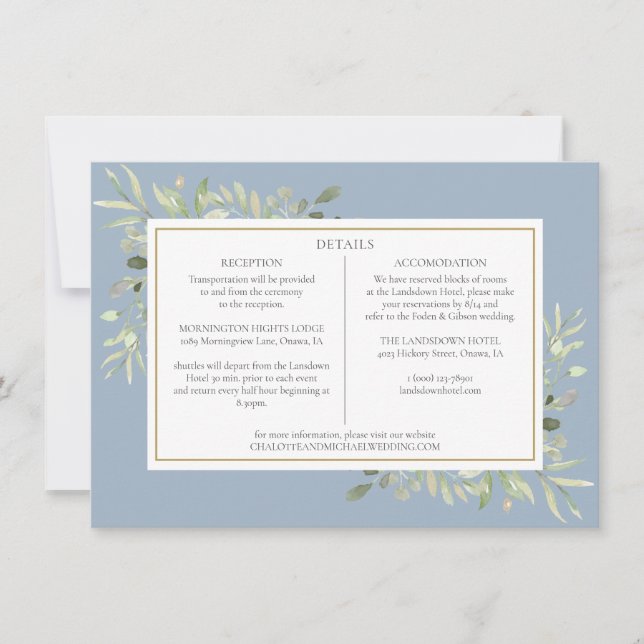 Dusty Blue Greenery Wedding Details Information Invitation (Front)