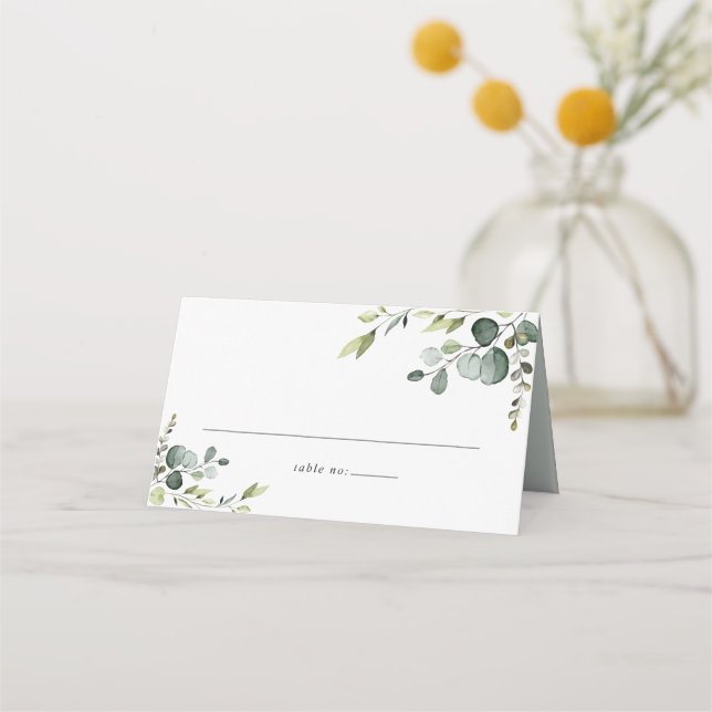 Dusty Blue Greenery Wedding Folded Place Card (Front)