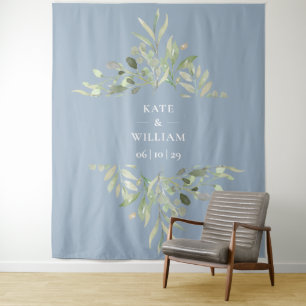 Dusty Blue Greenery Wedding Photo Booth Backdrop Tapestry