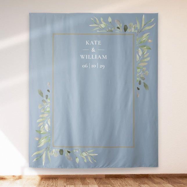 Dusty Blue Greenery Wedding Photo Booth Backdrop Tapestry (Creator Uploaded)
