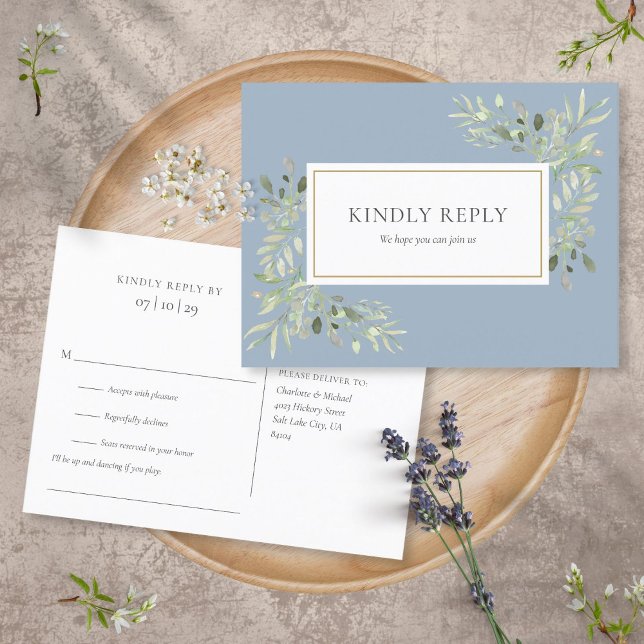 Dusty Blue Greenery Wedding RSVP Postcard (Creator Uploaded)