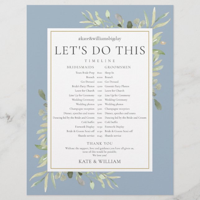 Dusty Blue Greenery Wedding Schedule Timeline (Front)