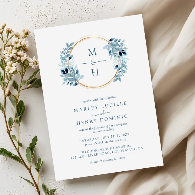 Dusty Blue Greenery Wreath Monogram Wedding Invitation (Creator Uploaded)