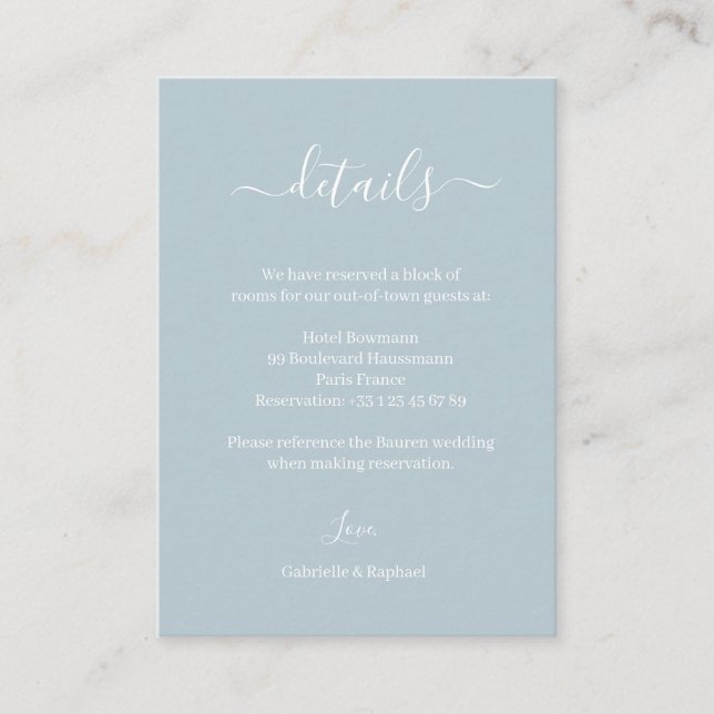 Dusty Blue Grey and White Wedding Hotel Detail Enclosure Card (Front)