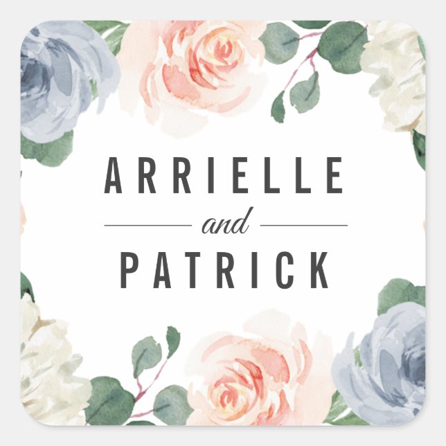 Dusty Blue Grey Blush Pink Peach Floral Wedding Square Sticker (Front)