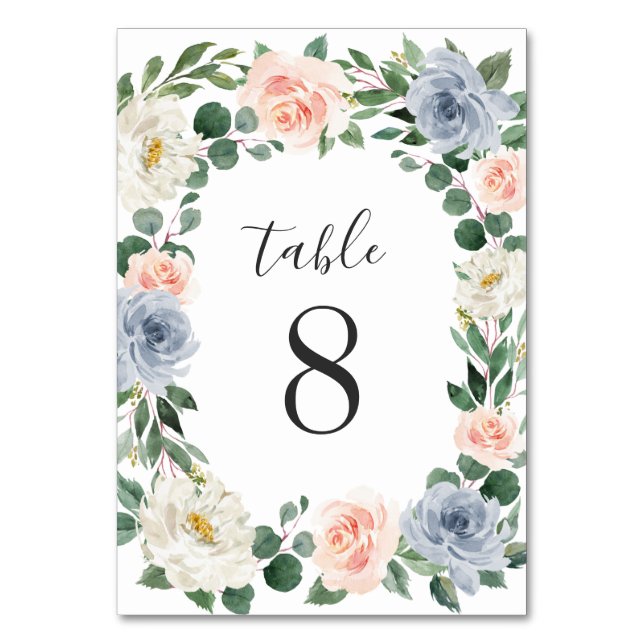 Dusty Blue Grey Blush Pink Peach Floral Wedding Table Number (Front)