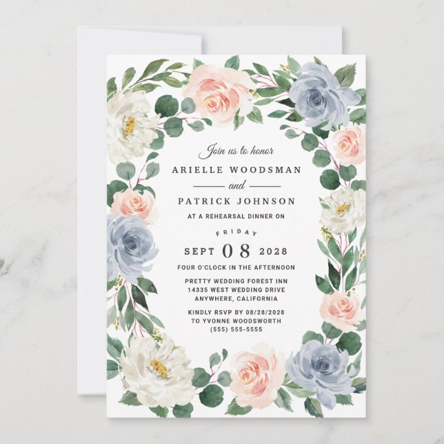 Dusty Blue Grey Blush Pink Peach Rehearsal Dinner Invitation (Front)