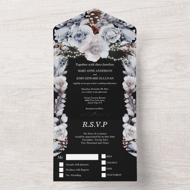 Dusty blue grey country rose string lights black all in one invitation (Inside)