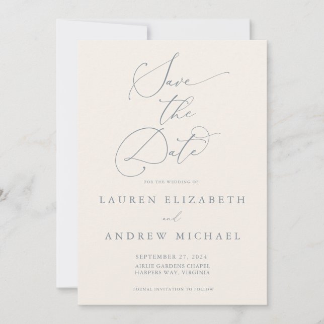 Dusty Blue Grey & Cream Minimalist Save the Date Invitation (Front)