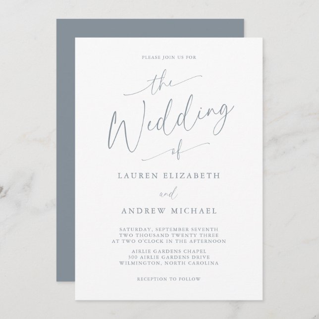 Dusty Blue Grey Elegant Romantic Wedding Invitation (Front/Back)