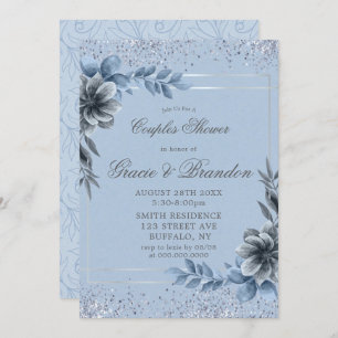 Dusty Blue Grey Floral Couples Shower Invitations 