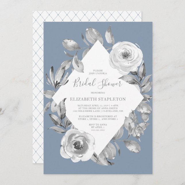 Dusty Blue Grey Floral Diamond Bridal Shower Invitation (Front/Back)