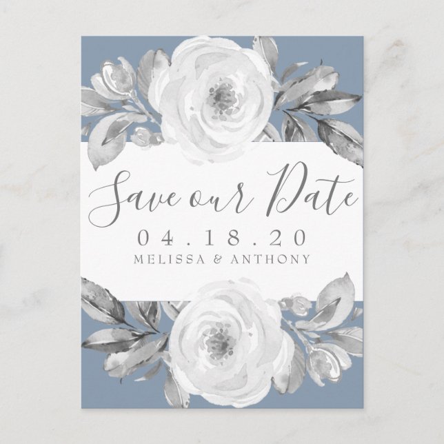 Dusty Blue Grey Floral Diamond Save the Date Announcement Postcard (Front)