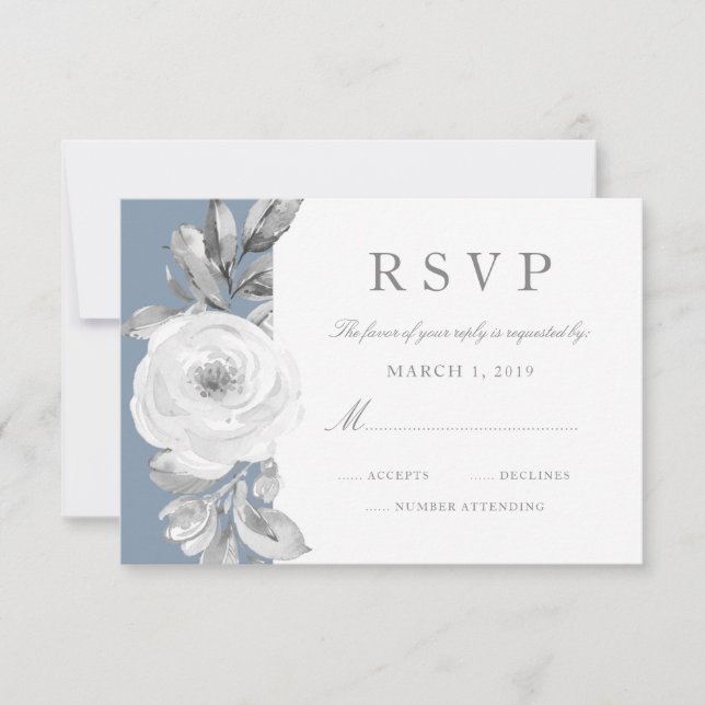 Dusty Blue Grey Floral Diamond Wedding RSVP Card (Front)