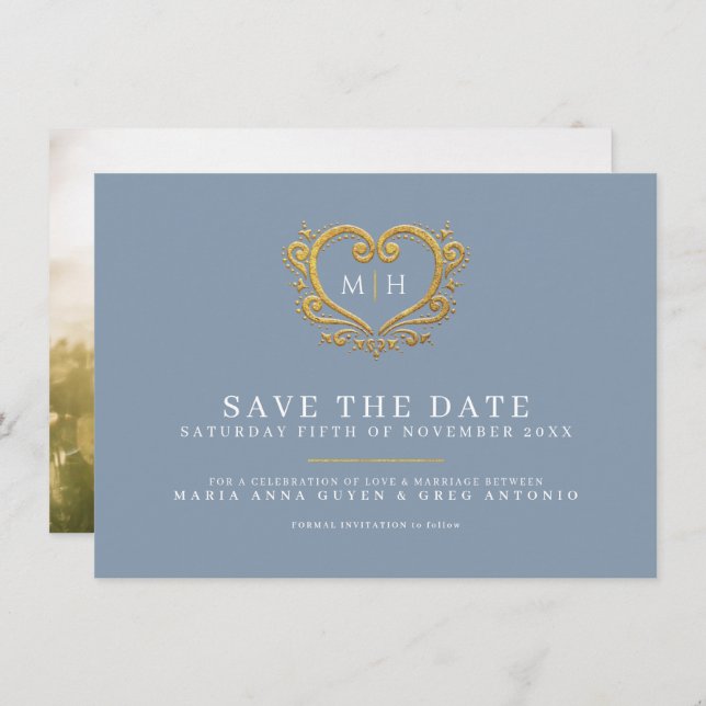 Dusty blue grey gold heart photo wedding save the date (Front/Back)