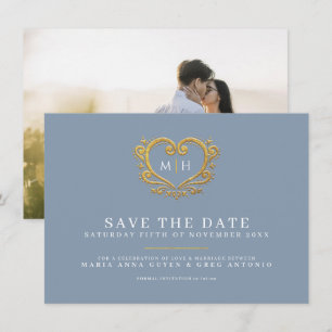 Dusty blue grey gold heart photo wedding save the date
