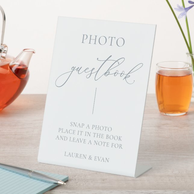 Dusty Blue Grey Minimalist Photo Guestbook Pedestal Sign (In SItu)