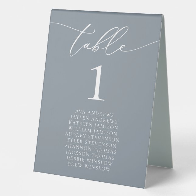 Dusty Blue Grey Minimalist Wedding Table Number (Front)