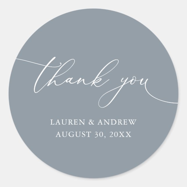 Dusty Blue Grey Minimalist Wedding Thank You Classic Round Sticker (Front)