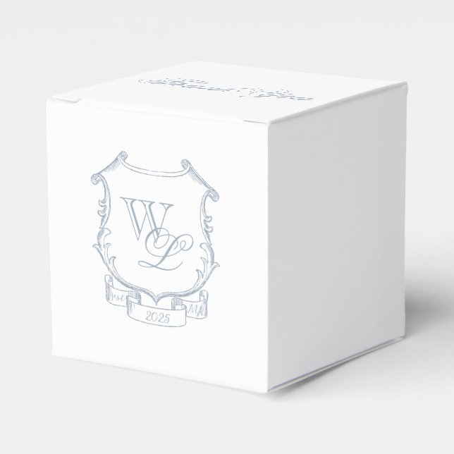 Dusty Blue Grey Monogram Crest Favour Box (Front Side)