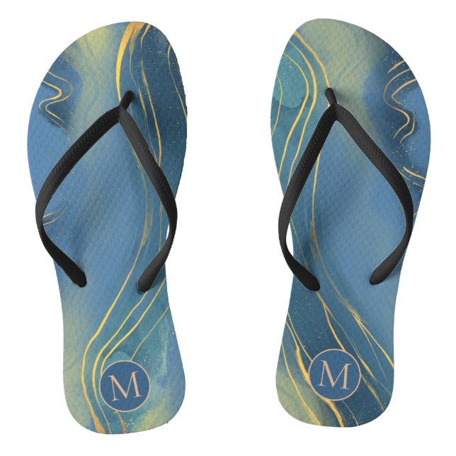 Dusty Blue Grey Monogram Wavy Gold Line Abstract Thongs (Footbed)