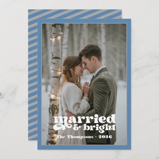 Dusty Blue & Grey Newlyweds Christmas Holiday Card (Front/Back)
