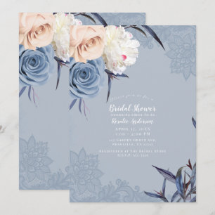 Dusty Blue Grey & Peach Floral Lace Bridal Shower Invitation