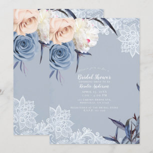 Dusty Blue Grey & Peach Floral Lace Bridal Shower Invitation