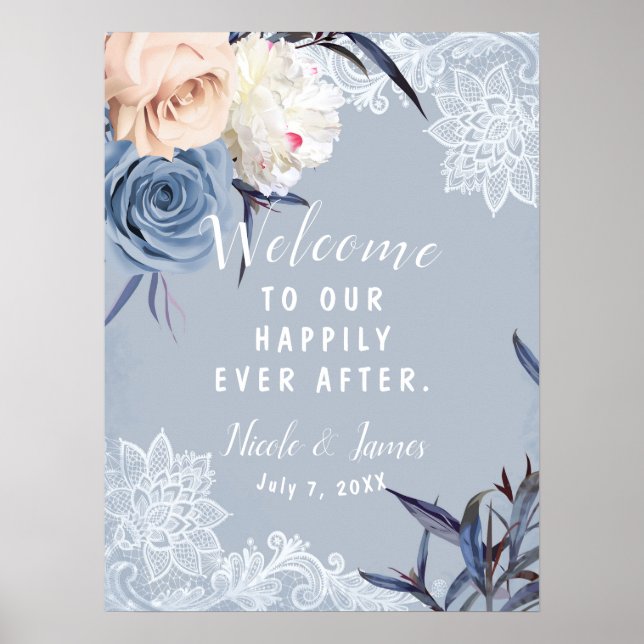 Dusty Blue Grey & Peach Floral Lace Wedding Sign (Front)