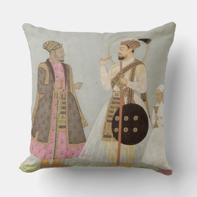 Dusty Blue, Grey & Pink Mughal Throw Pillow (Front)