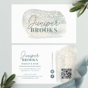 Dusty Blue Grey Social Media QR Code Glitter Business Card