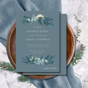 Dusty Blue Grey Winter Floral Wedding Invitation