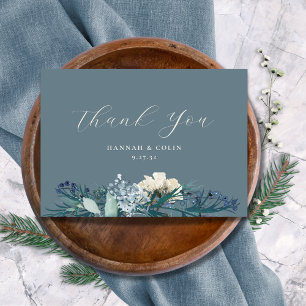Dusty Blue Grey Winter Floral Wedding Thank You Card