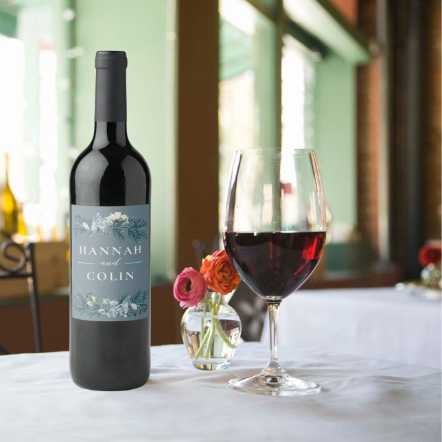 Dusty Blue Grey Winter Floral Wedding Wine Label (Creator Uploaded)