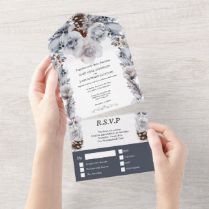 Dusty blue grey winter ice rose pine cone wedding  all in one invitation