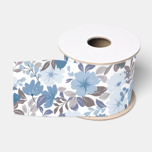 Dusty Blue & Grey Winter Sky Floral Garden Grosgrain Ribbon