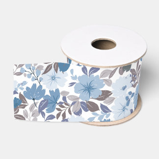 Dusty Blue & Grey Winter Sky Floral Garden Grosgrain Ribbon