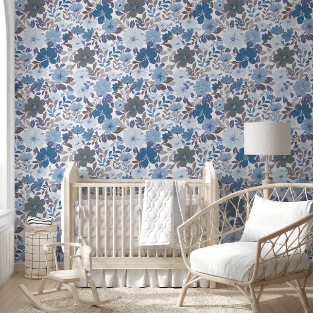 Dusty Blue & Grey Winter Sky Floral Garden Wallpaper (Kids)