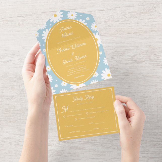 Dusty Blue Groovy Daisy 70s Bright Yellow Wedding All In One Invitation (Tearaway)