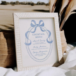 Dusty Blue Hand Drawn Bow Frame Cocktail Menu Poster