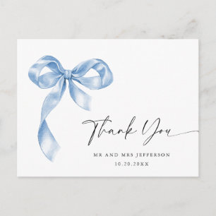Dusty Blue Hand Drawn Bow Wedding Thank You Postcard