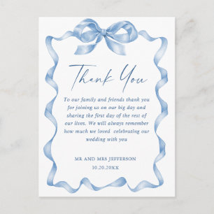 Dusty Blue Hand Drawn Bow Wedding Thank You Postcard
