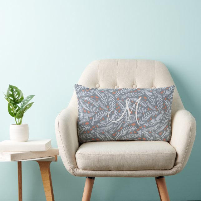 Dusty Blue Hand-drawn Christmas Pine Tree Monogram Lumbar Cushion (Chair)